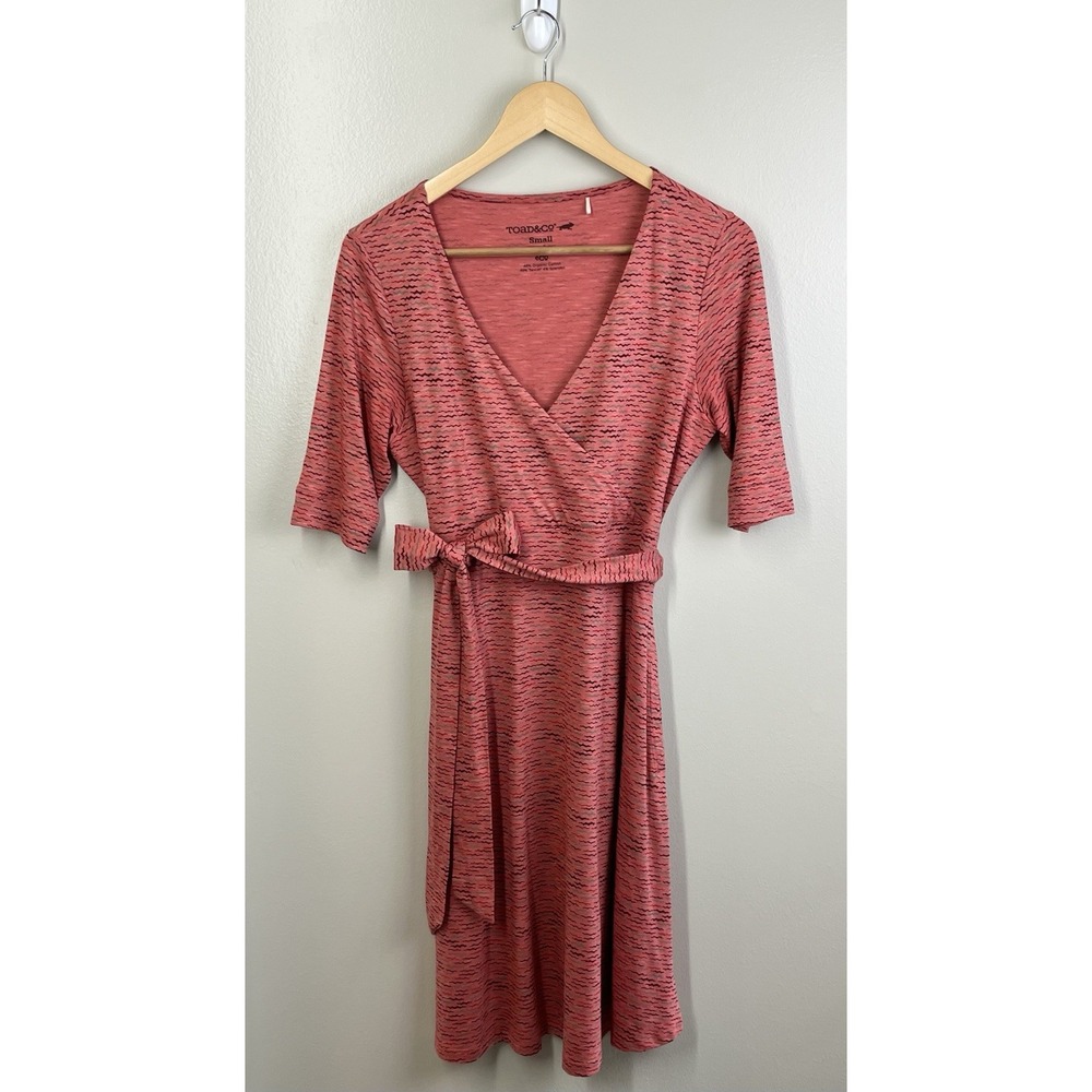 Toad & Co Cue Wrap Dress Womens Red Organic Cotton Pockets V Neck Print S